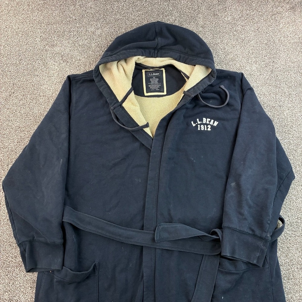 L.L. Bean Fleece Lined Bathrobe Hooded Men's XL Navy Blue Robe Bonded Waffle